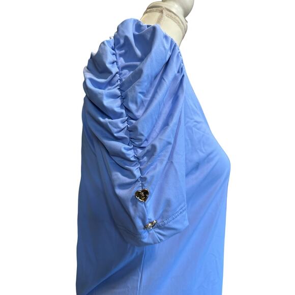 JUICY COUTURE BABY BLUE FIT N FLARE FLOWY DRESS ROMANTIC ROOCHED SLEEVE SOFT - Picture 3 of 4